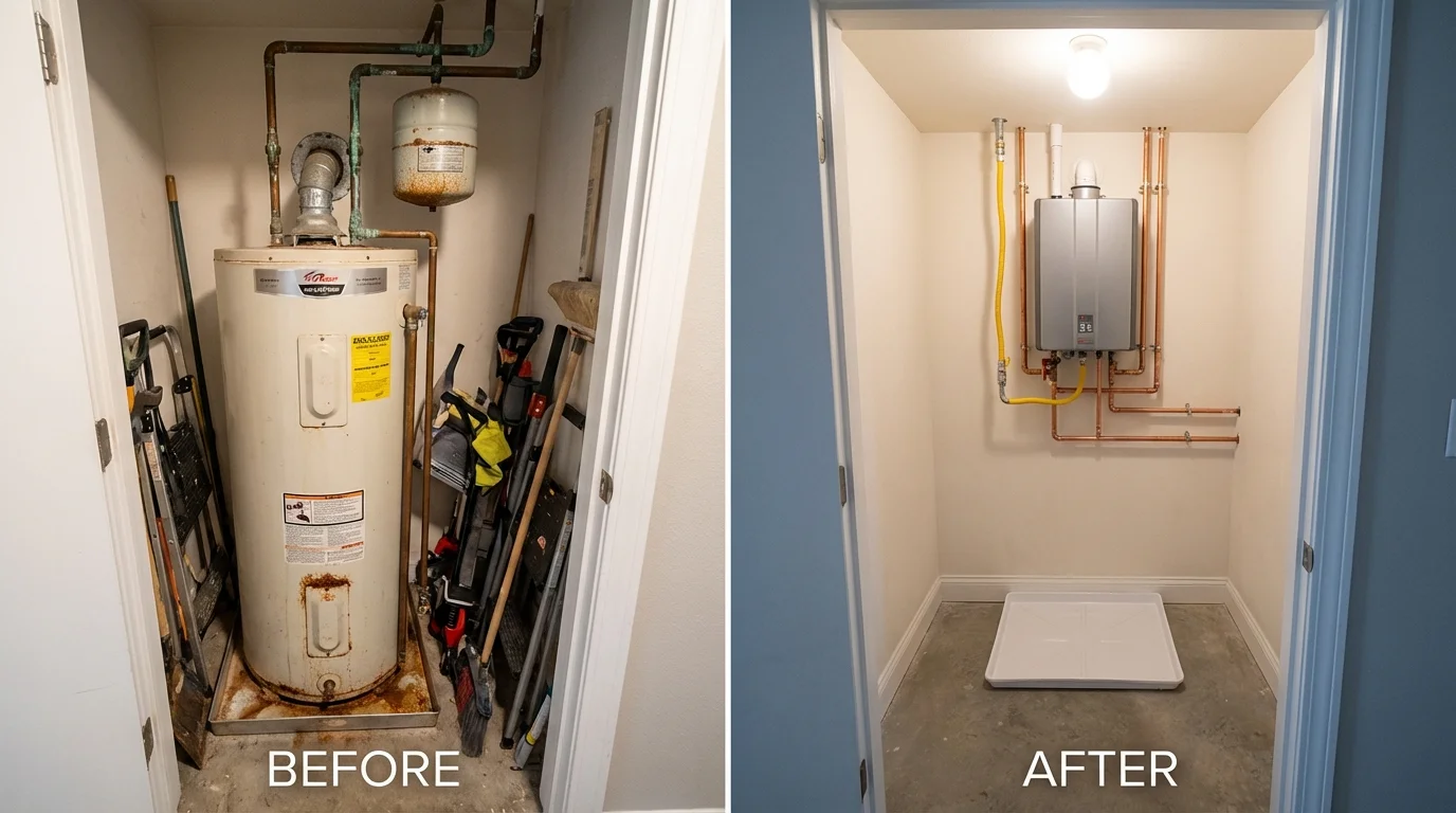 Tank water heater versus wall-mounted tankless unit comparison for Lewiston, ME homeowners