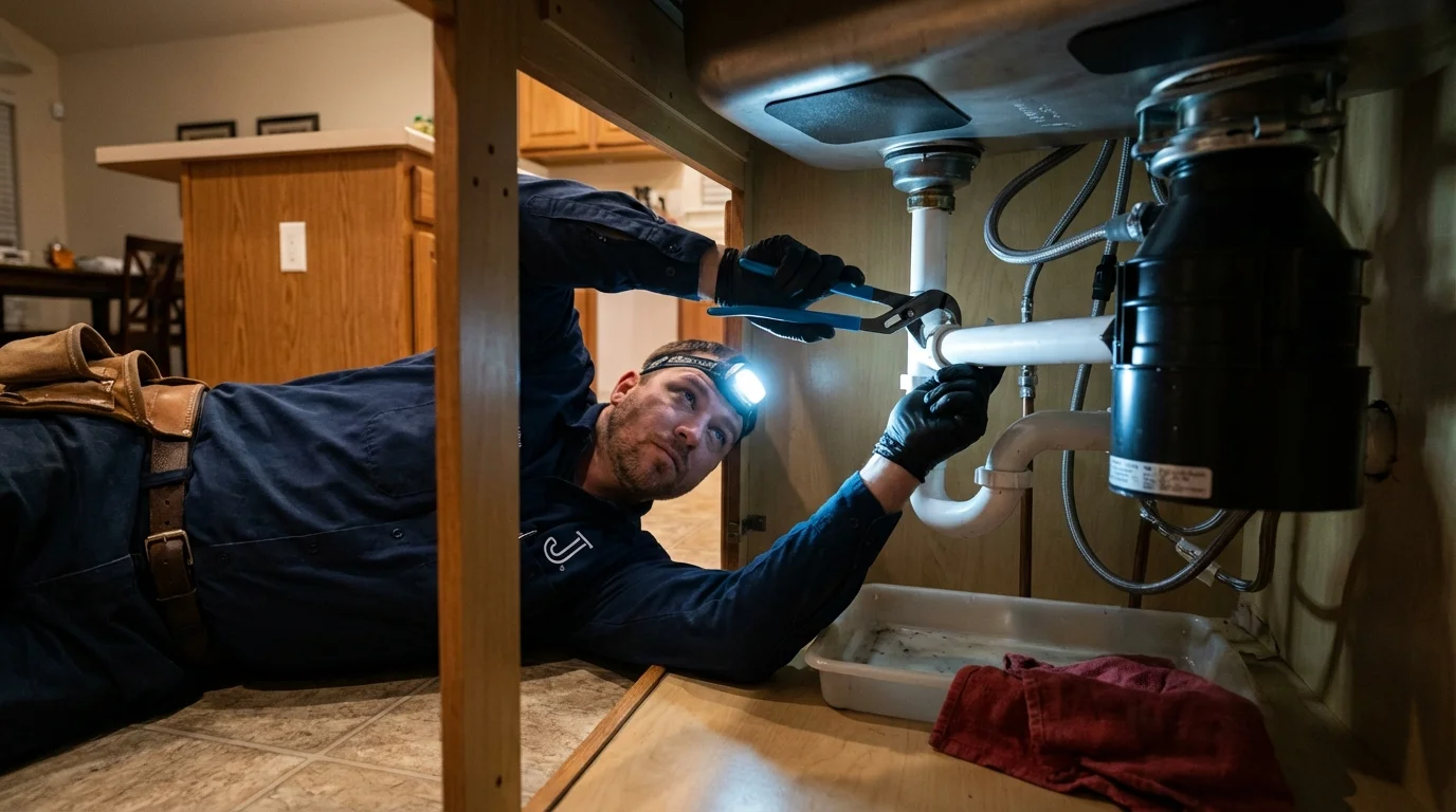 P-trap and supply line connections under a kitchen sink showing a common leak point in Lewiston, ME